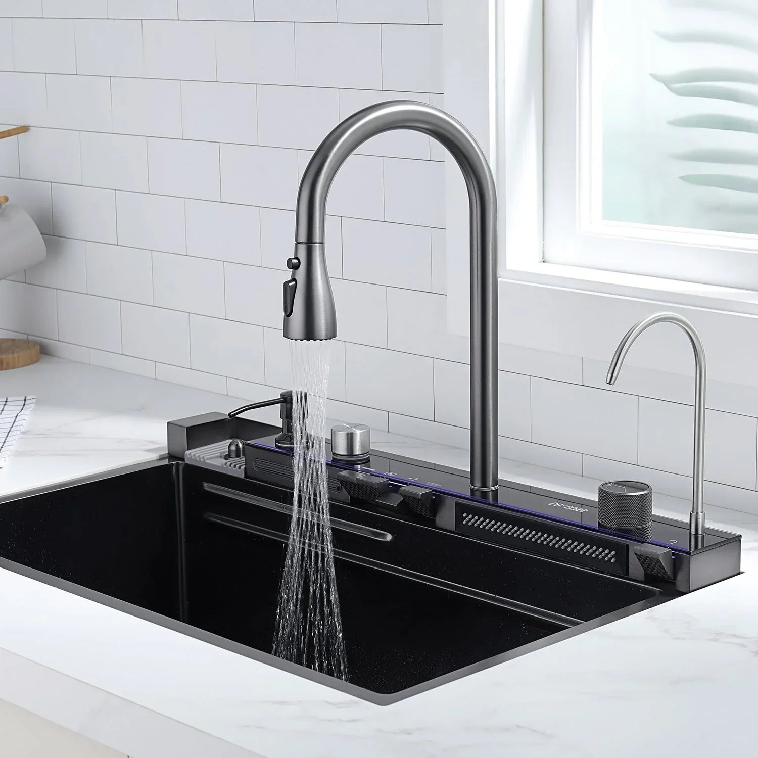 Two Waterfall Faucets Kitchen Sink with Digital Temperature Display & LED Lighting by Alfahome