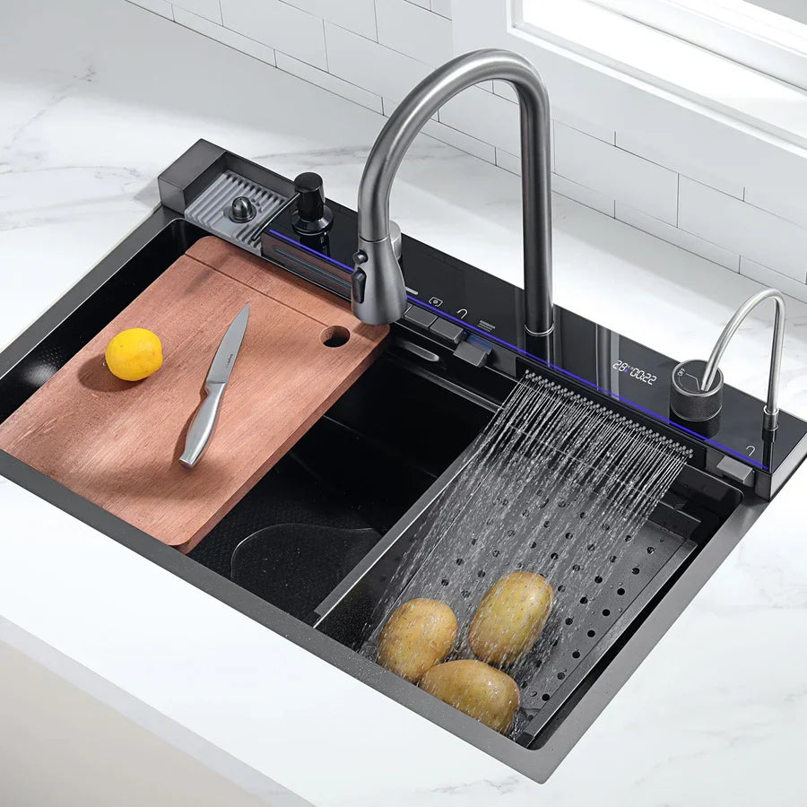 Two Waterfall Faucets Kitchen Sink with Digital Temperature Display & LED Lighting by Alfahome