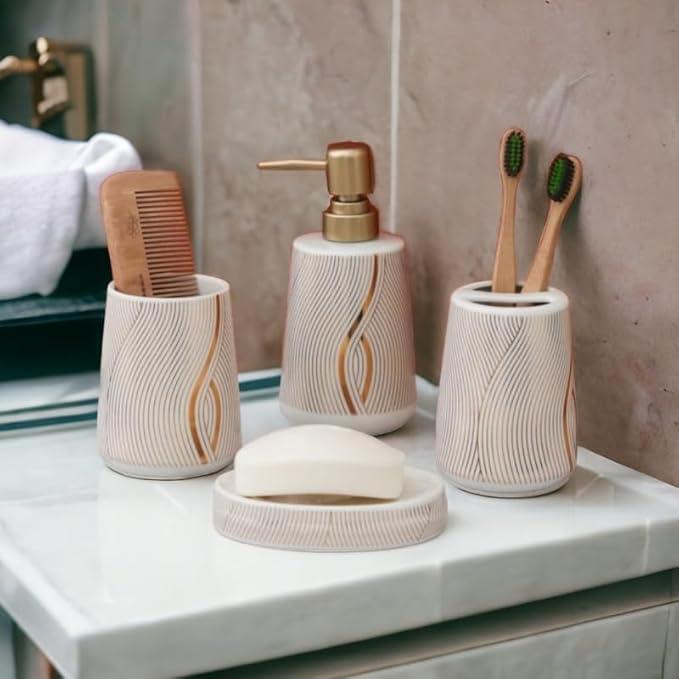 WhiteGold Marble Design Premium Ceramic Soap Dispenser Including 4 Piece