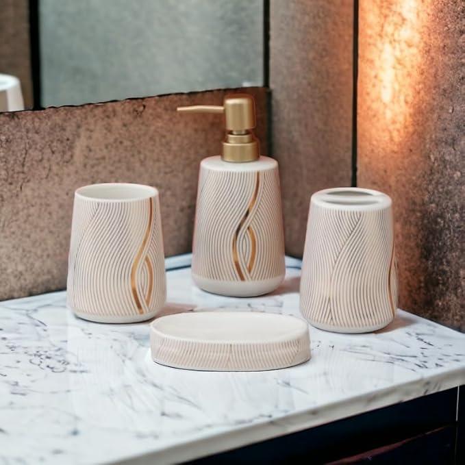WhiteGold Marble Design Premium Ceramic Soap Dispenser Including 4 Piece