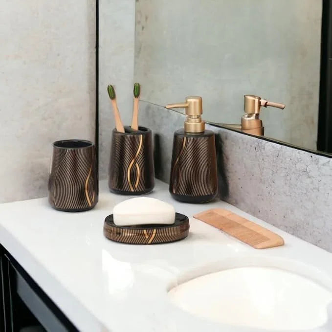 BlackGold Marble Design Premium Ceramic Soap Dispenser Including 4 Piece