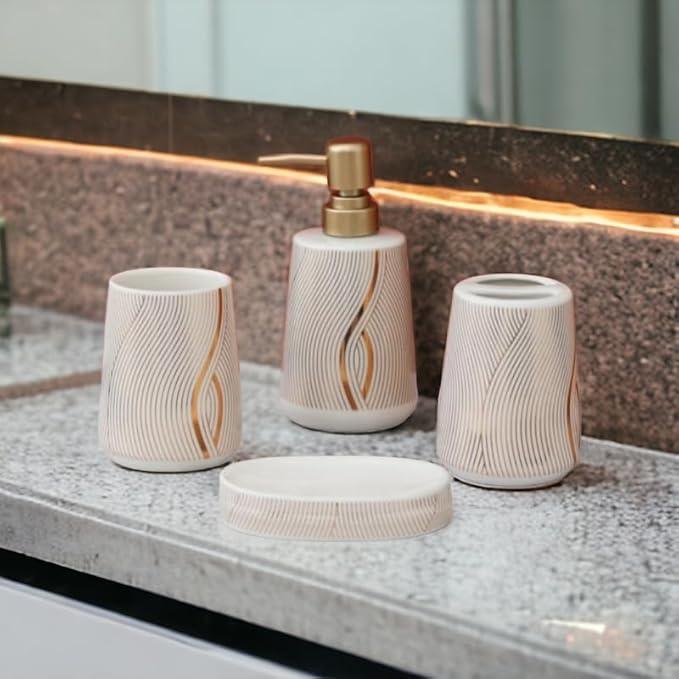 WhiteGold Marble Design Premium Ceramic Soap Dispenser Including 4 Piece