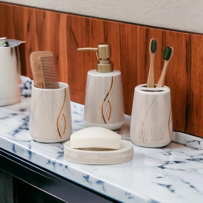 WhiteGold Marble Design Premium Ceramic Soap Dispenser Including 4 Piece