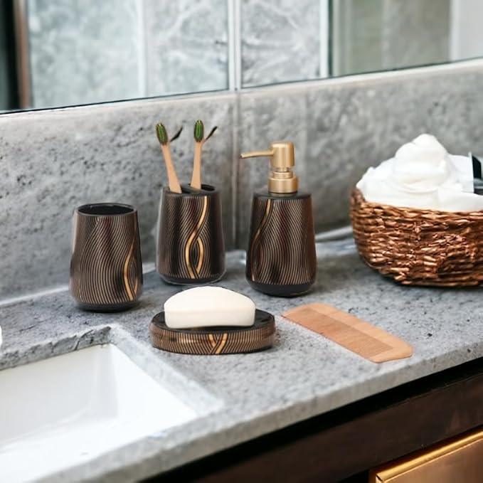 BlackGold Marble Design Premium Ceramic Soap Dispenser Including 4 Piece