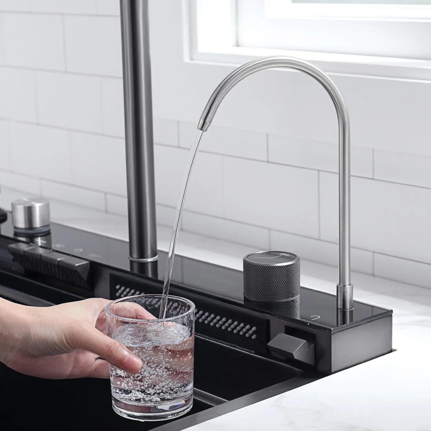 Two Waterfall Faucets Kitchen Sink with Digital Temperature Display & LED Lighting by Alfahome
