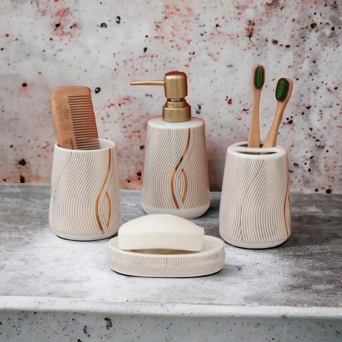 WhiteGold Marble Design Premium Ceramic Soap Dispenser Including 4 Piece