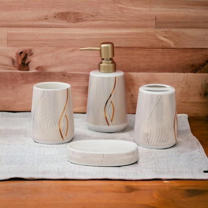 WhiteGold Marble Design Premium Ceramic Soap Dispenser Including 4 Piece