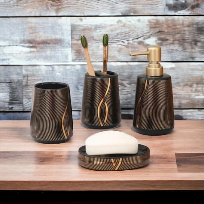BlackGold Marble Design Premium Ceramic Soap Dispenser Including 4 Piece