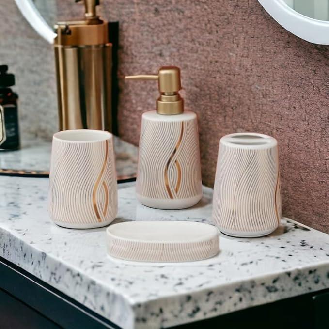 WhiteGold Marble Design Premium Ceramic Soap Dispenser Including 4 Piece