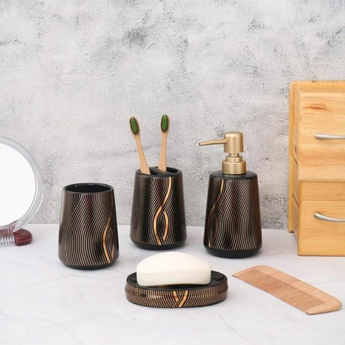 BlackGold Marble Design Premium Ceramic Soap Dispenser Including 4 Piece