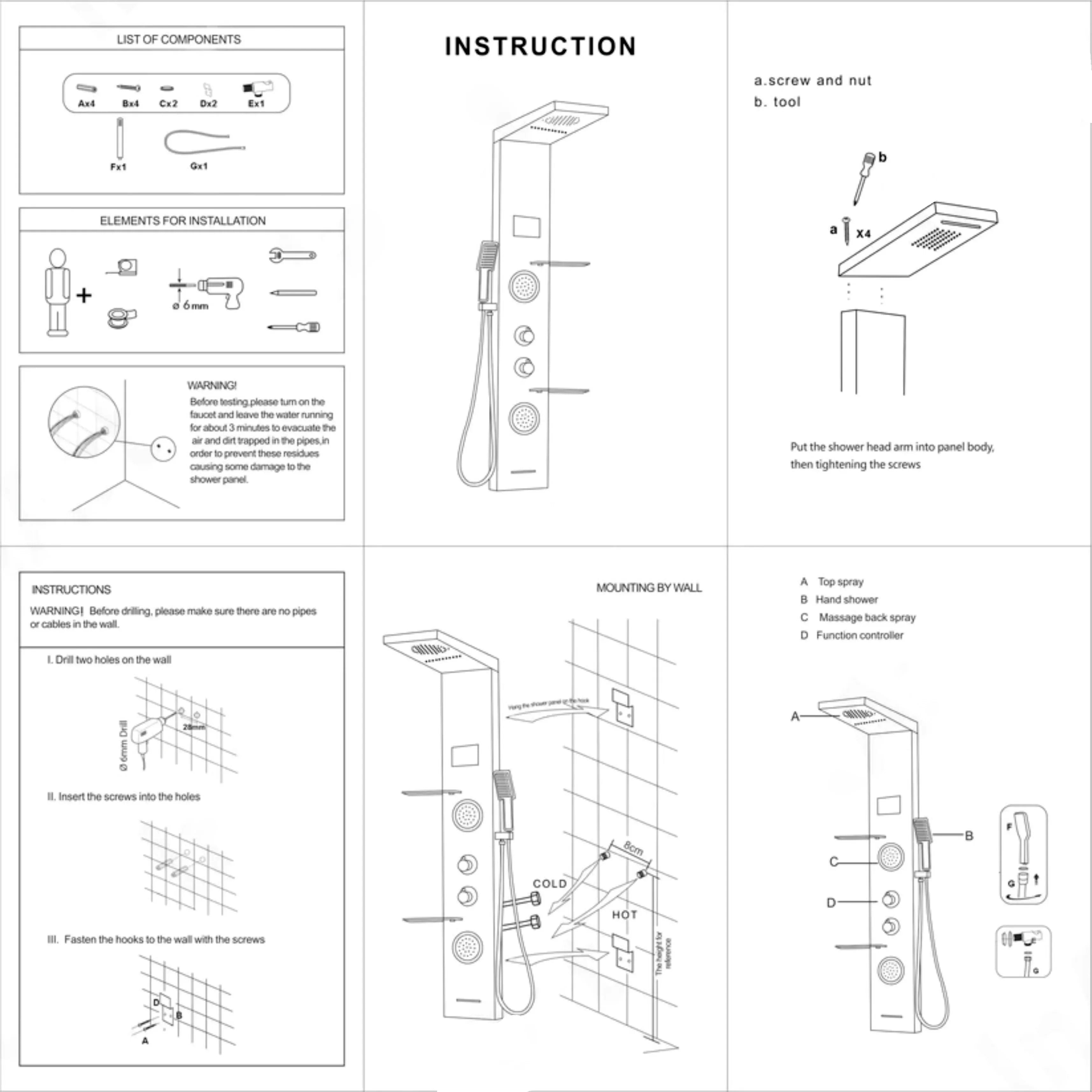 6 Function Shower Panel with Display (Black) by Alfahome