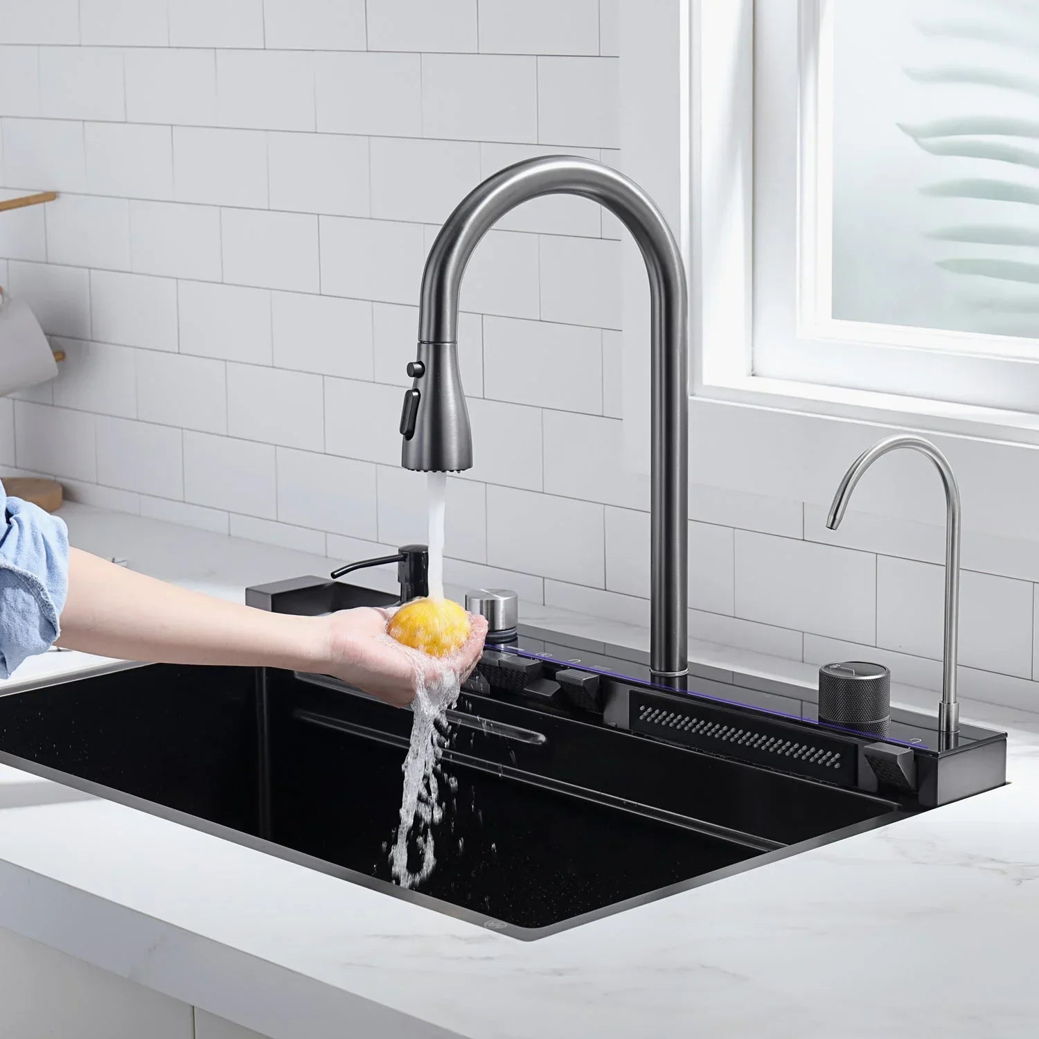 Two Waterfall Faucets Kitchen Sink with Digital Temperature Display & LED Lighting by Alfahome
