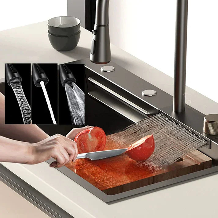 Waterfall Kitchen Sink - Waterfall Pullout Faucet and RO Mineral Water Tap/Single Bowl Kitchen Sink by Alfahome