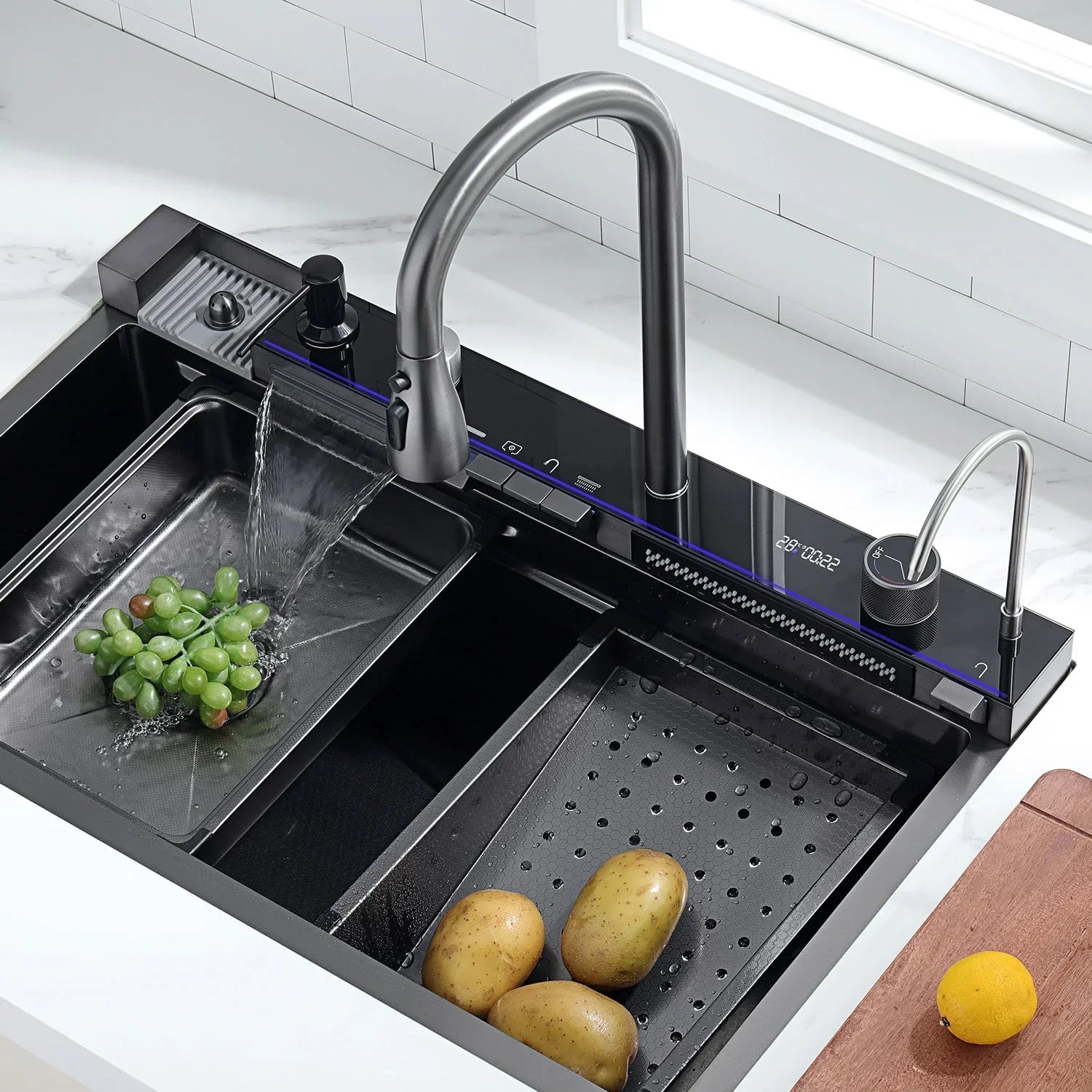 Two Waterfall Faucets Kitchen Sink with Digital Temperature Display & LED Lighting by Alfahome