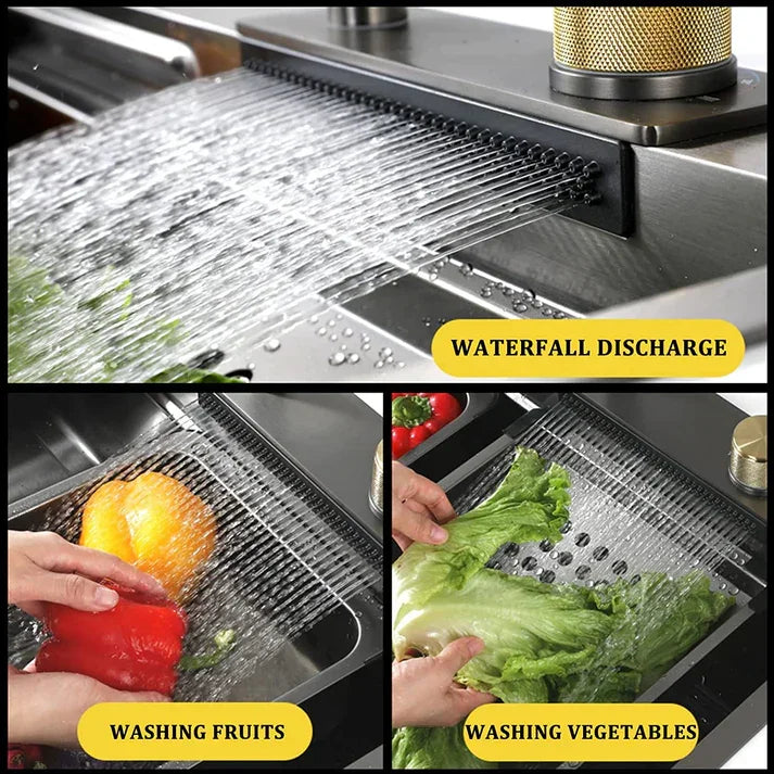 Waterfall Kitchen Sink - Waterfall Pullout Faucet and RO Mineral Water Tap/Single Bowl Kitchen Sink by Alfahome