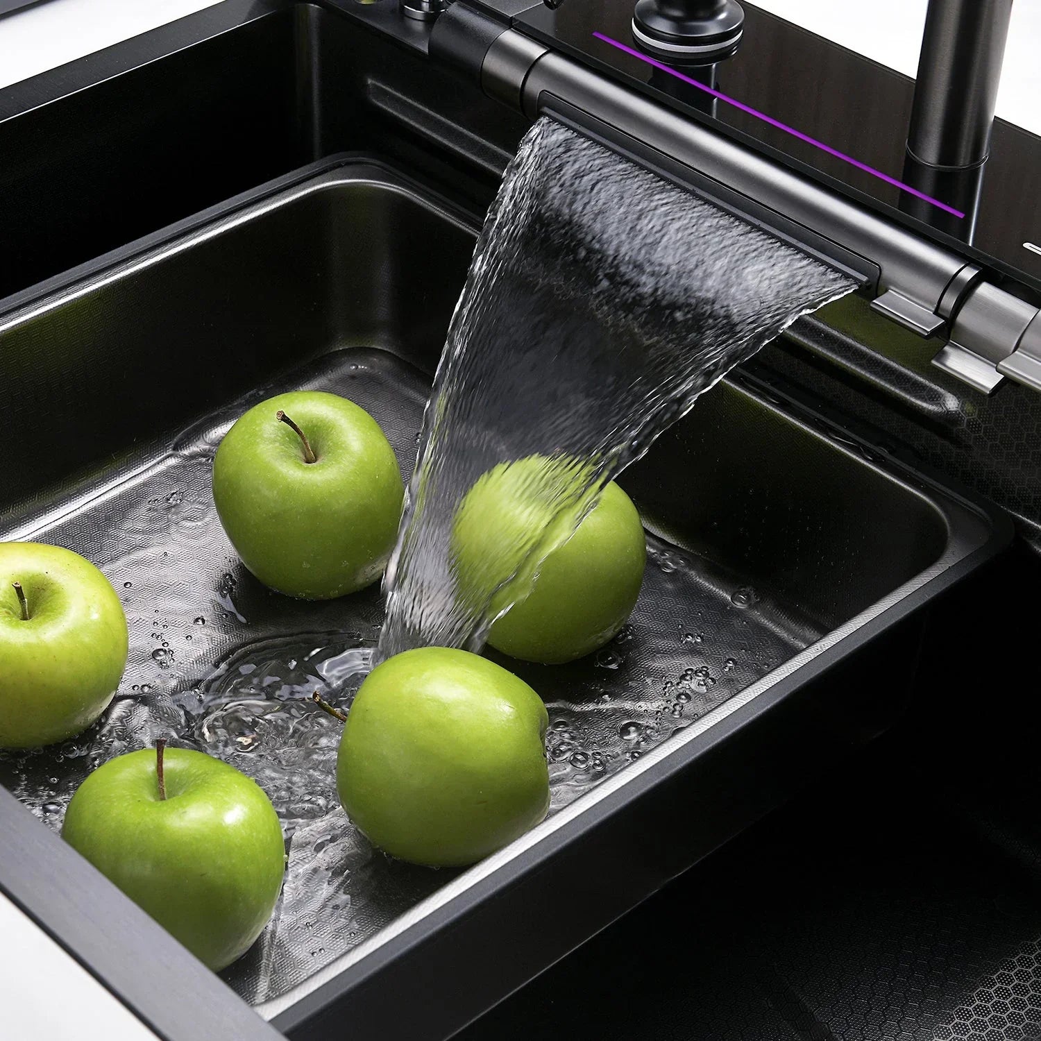 Adjustable Waterfall Faucet Kitchen Sink with Digital Temperature Display & LED Lighting by AlfaHome