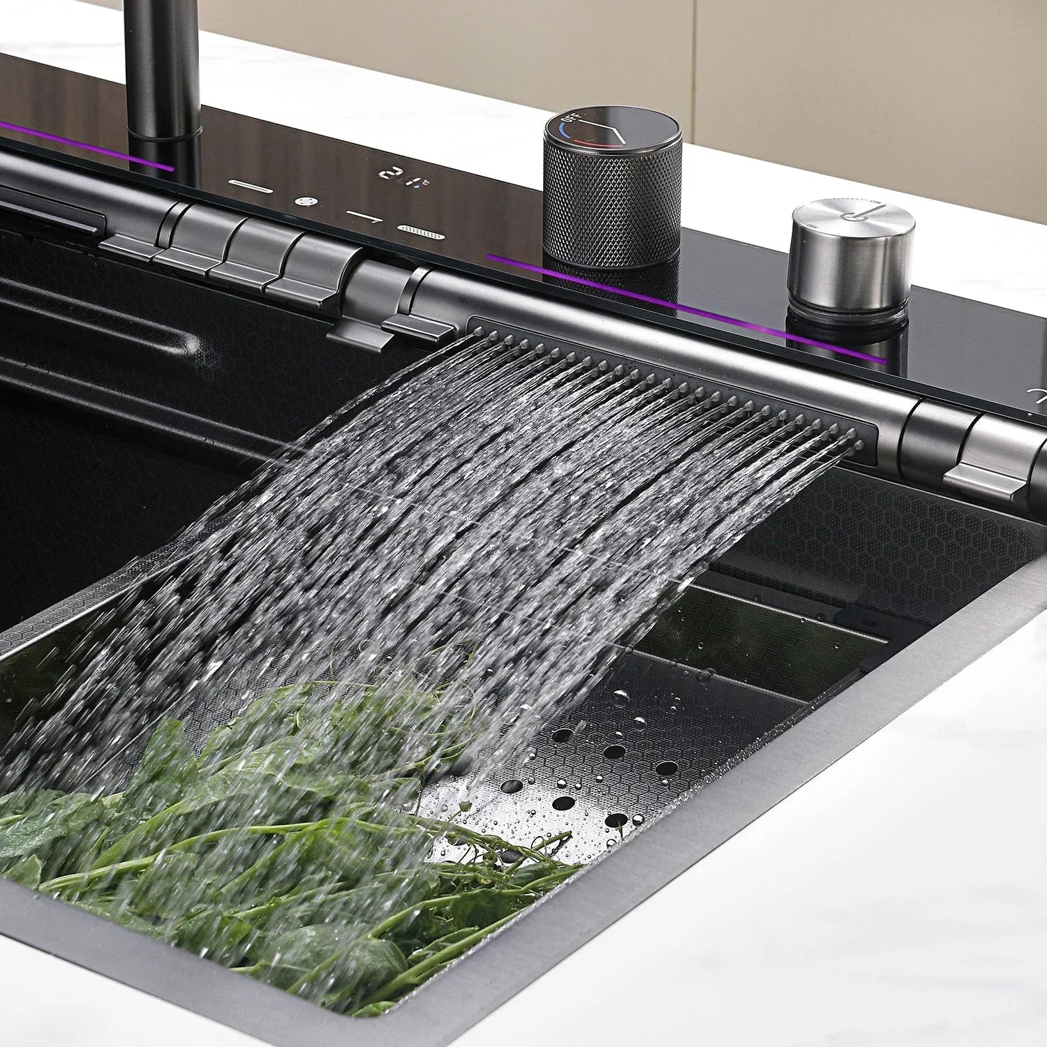 Adjustable Waterfall Faucet Kitchen Sink with Digital Temperature Display & LED Lighting by AlfaHome