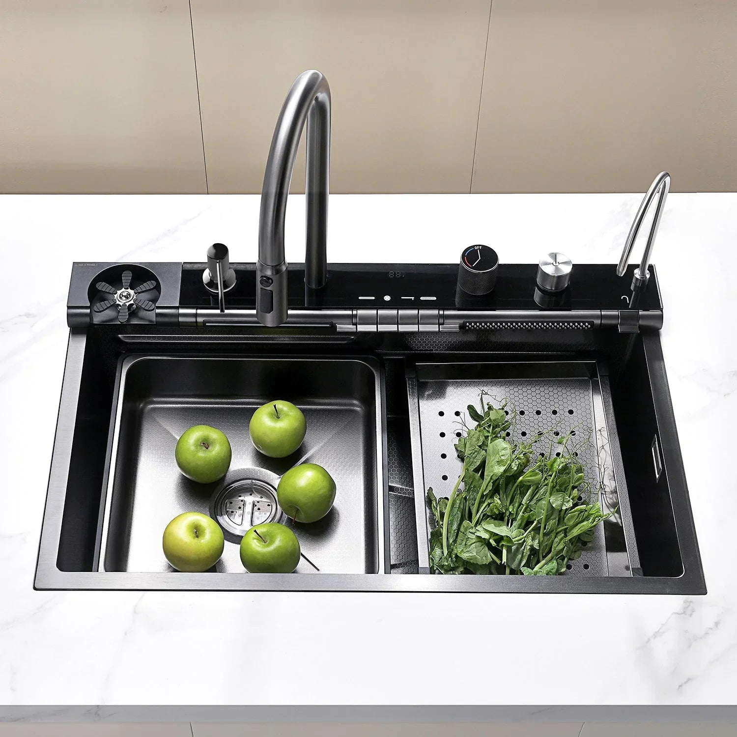 Adjustable Waterfall Faucet Kitchen Sink with Digital Temperature Display & LED Lighting by AlfaHome