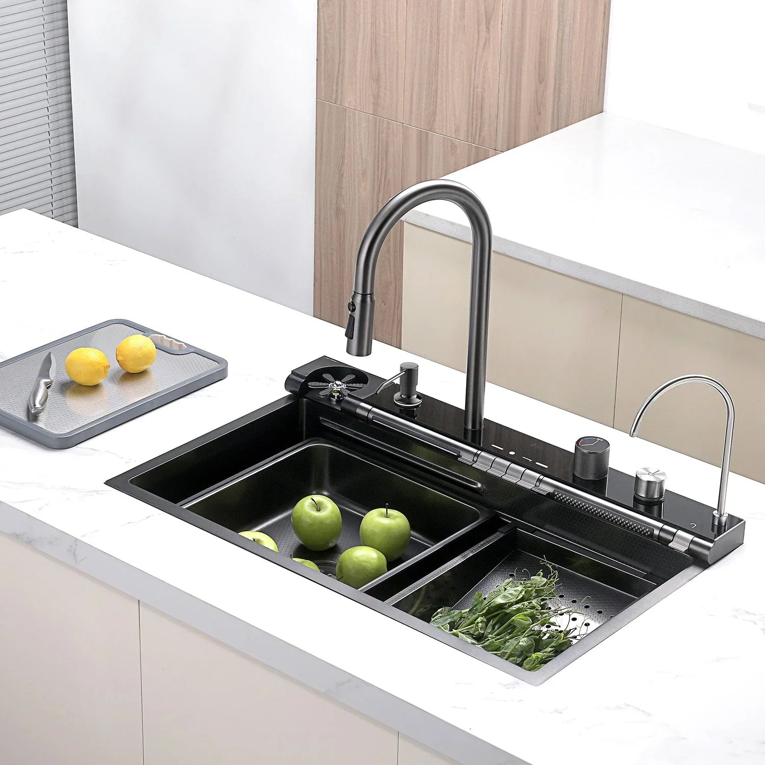 Adjustable Waterfall Faucet Kitchen Sink with Digital Temperature Display & LED Lighting by AlfaHome