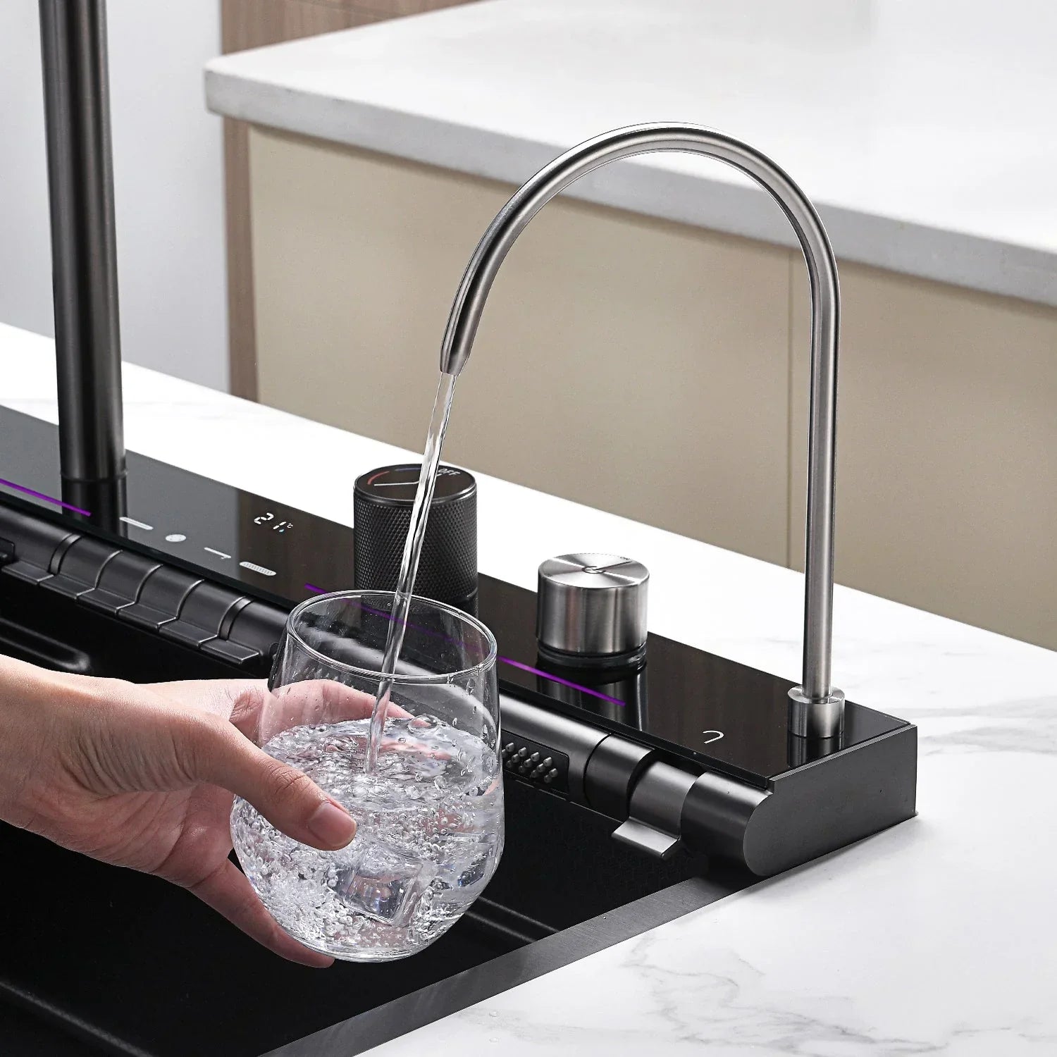 Adjustable Waterfall Faucet Kitchen Sink with Digital Temperature Display & LED Lighting by AlfaHome