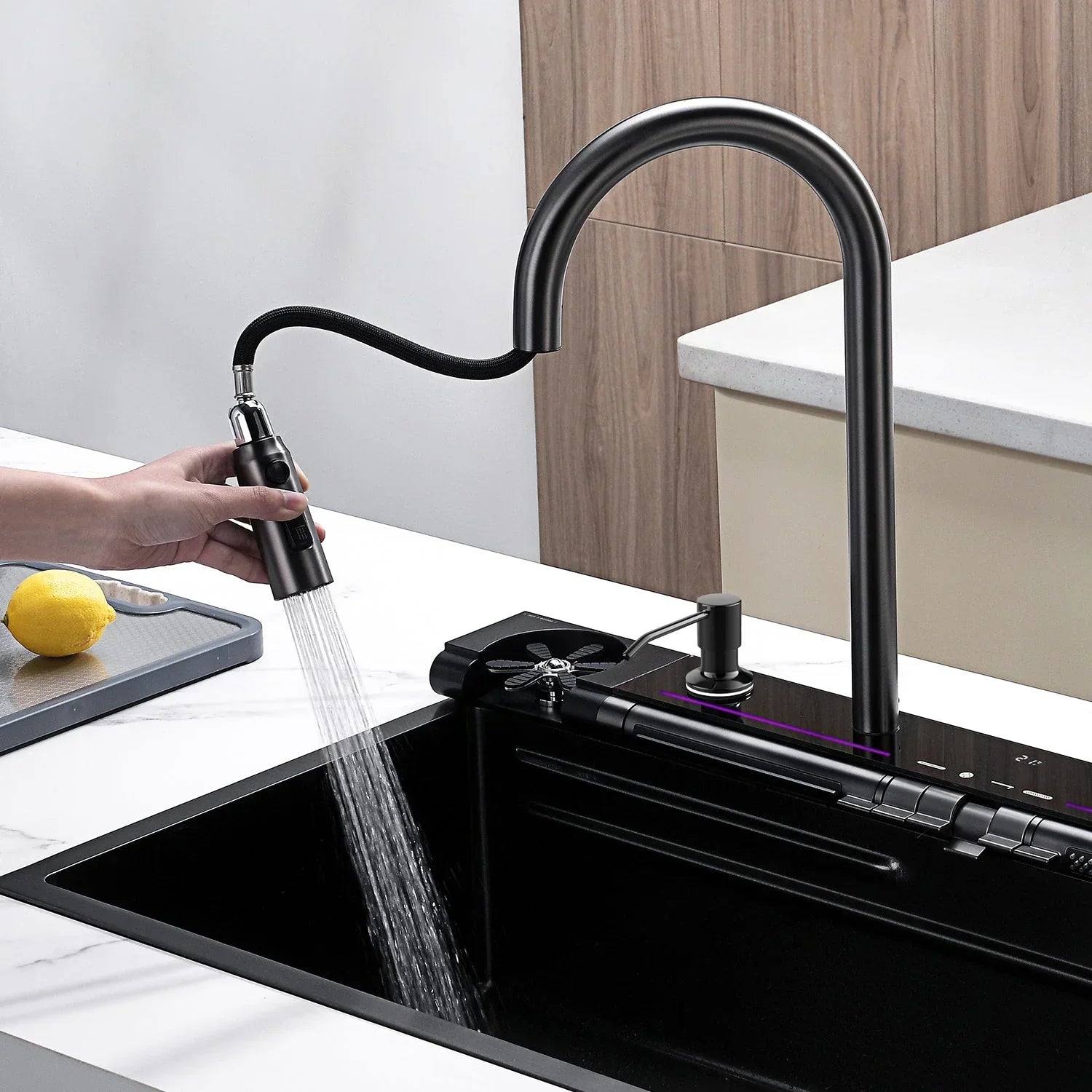 Adjustable Waterfall Faucet Kitchen Sink with Digital Temperature Display & LED Lighting by AlfaHome