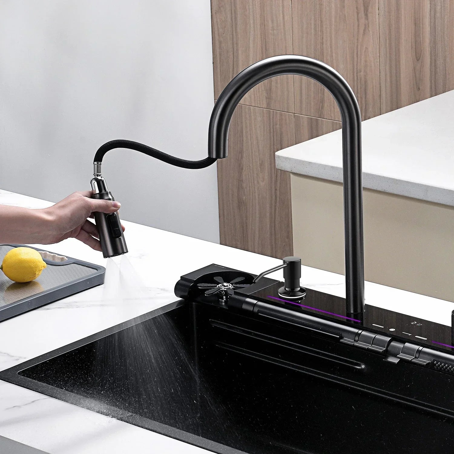 Adjustable Waterfall Faucet Kitchen Sink with Digital Temperature Display & LED Lighting by AlfaHome