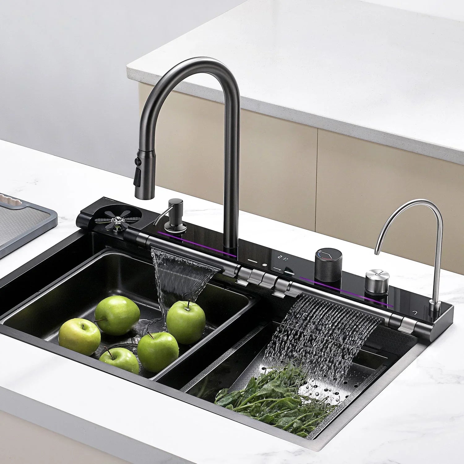 Adjustable Waterfall Faucet Kitchen Sink with Digital Temperature Display & LED Lighting by AlfaHome