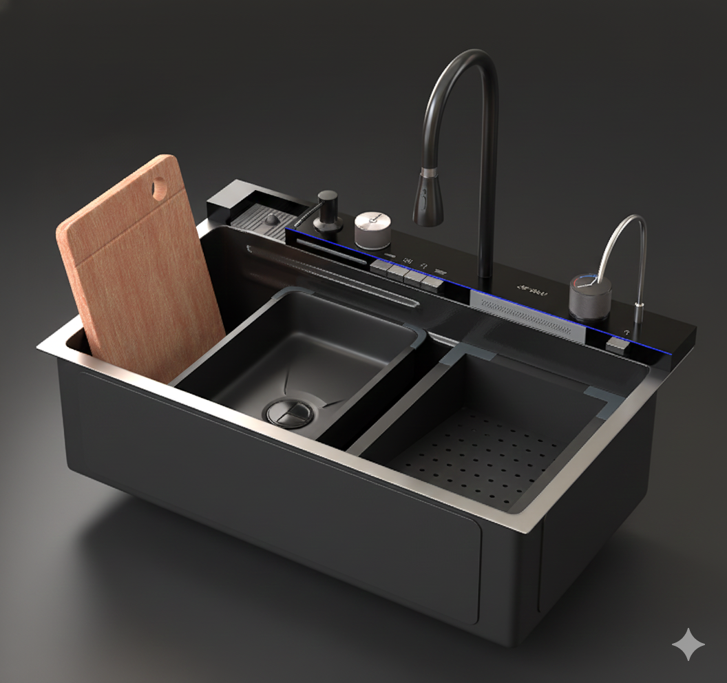 Two Waterfall Faucets Kitchen Sink with Digital Temperature Display & LED Lighting by Alfahome