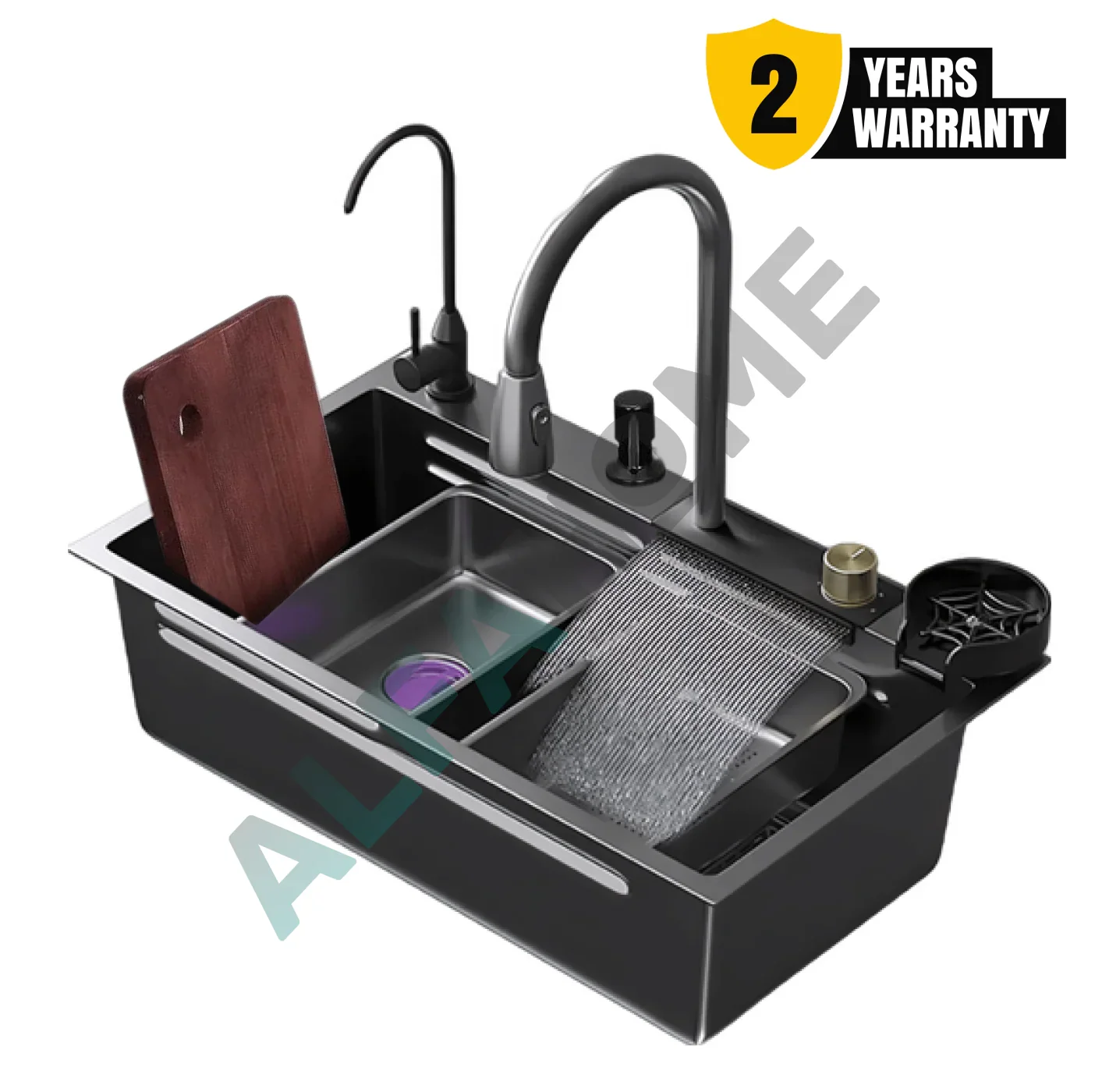 Waterfall Kitchen Sink - Waterfall Pullout Faucet and RO Mineral Water Tap/Single Bowl Kitchen Sink by Alfahome