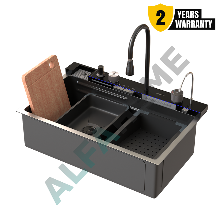 Two Waterfall Faucets Kitchen Sink with Digital Temperature Display & LED Lighting by Alfahome