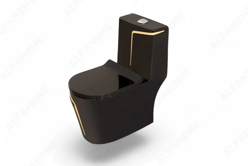 Alfa Premium One Piece Toilet Commode With Soft Closing Toilet Seat - S Trap Outlet (Black & Yellow) 1010