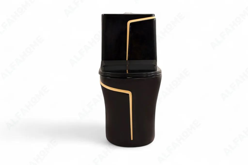 Alfa Premium One Piece Toilet Commode With Soft Closing Toilet Seat - S Trap Outlet (Black & Yellow) 1010