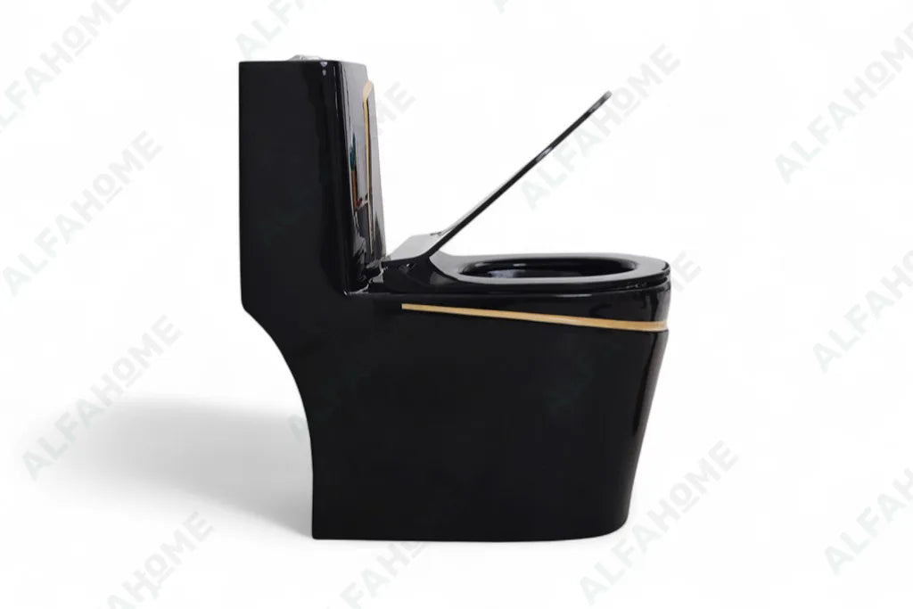 Alfa Premium One Piece Toilet Commode With Soft Closing Toilet Seat - S Trap Outlet (Black & Yellow) 1010