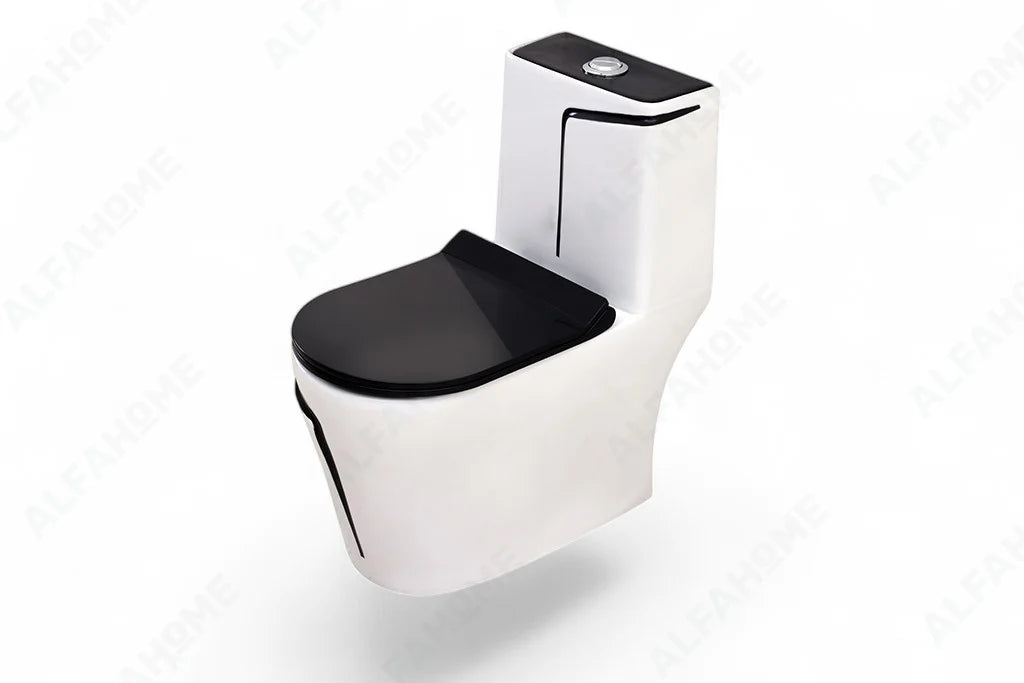 Alfa Premium One Piece Toilet Commode With Soft Closing Toilet Seat - S Trap Outlet (White & Black Line) 1001
