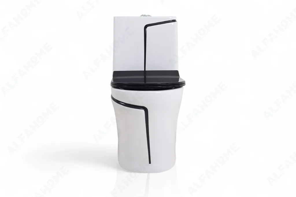 Alfa Premium One Piece Toilet Commode With Soft Closing Toilet Seat - S Trap Outlet (White & Black Line) 1001