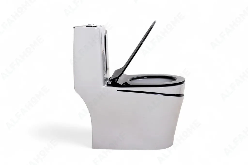 Alfa Premium One Piece Toilet Commode With Soft Closing Toilet Seat - S Trap Outlet (White & Black Line) 1001