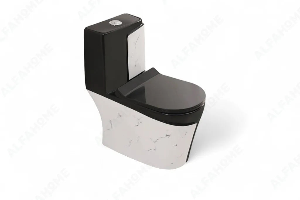 Alfa Premium One Piece Toilet Commode With Soft Closing Toilet Seat - S Trap Outlet (Black & Blue) 1014