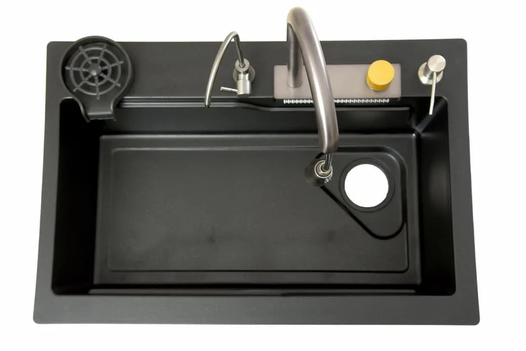 Heavy Modular (Quartz) Kitchen Sink - Heavy Body Kitchen Sink With Waterfall Pullout Faucet and RO Mineral Water Tap/Single Bowl Kitchen Sink by Alfahome