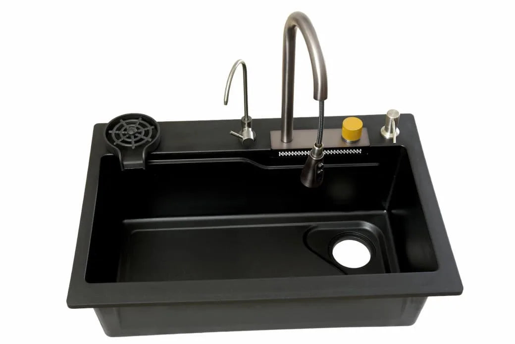 Heavy Modular (Quartz) Kitchen Sink - Heavy Body Kitchen Sink With Waterfall Pullout Faucet and RO Mineral Water Tap/Single Bowl Kitchen Sink by Alfahome