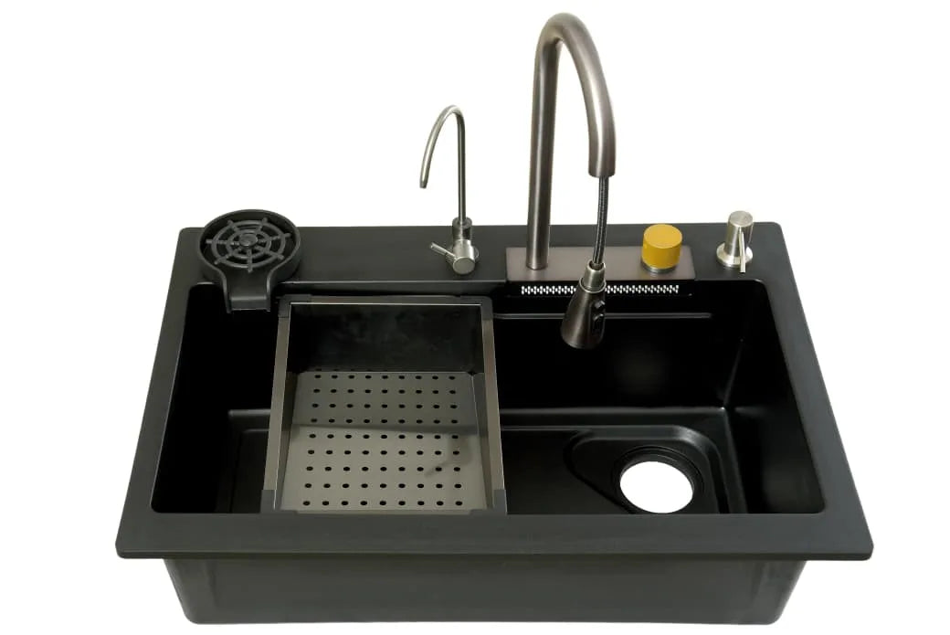 Heavy Modular (Quartz) Kitchen Sink - Heavy Body Kitchen Sink With Waterfall Pullout Faucet and RO Mineral Water Tap/Single Bowl Kitchen Sink by Alfahome