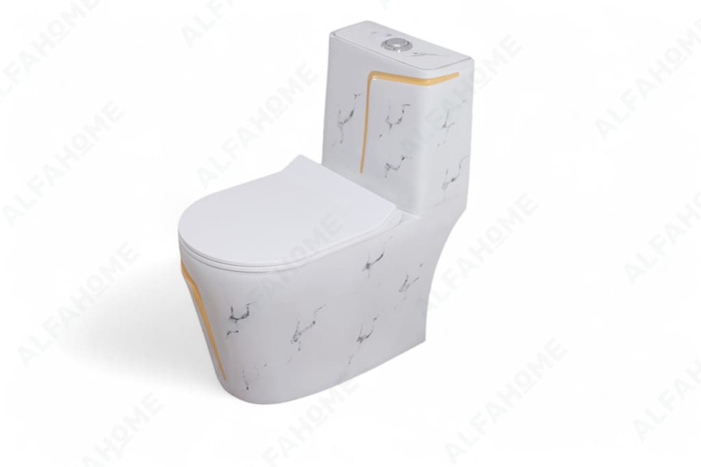 Alfa Premium One Piece Toilet Commode With Soft Closing Toilet Seat - S Trap Outlet (White Sataurio + Yellow ) 1008