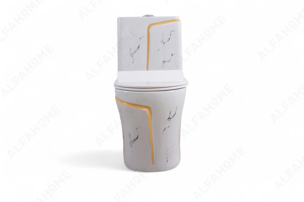 Alfa Premium One Piece Toilet Commode With Soft Closing Toilet Seat - S Trap Outlet (White Sataurio + Yellow ) 1008