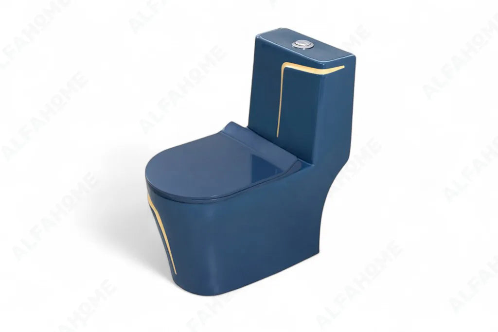 Alfa Premium One Piece Toilet Commode With Soft Closing Toilet Seat - S Trap Outlet (Royal Blue & Yellow) 1026