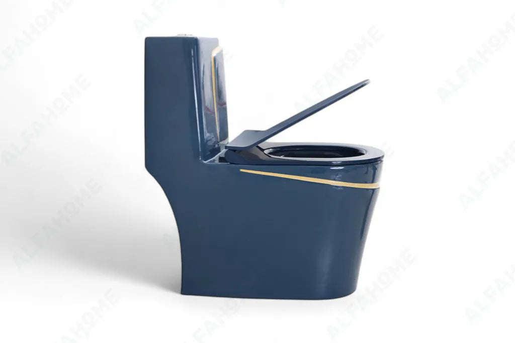 Alfa Premium One Piece Toilet Commode With Soft Closing Toilet Seat - S Trap Outlet (Royal Blue & Yellow) 1026