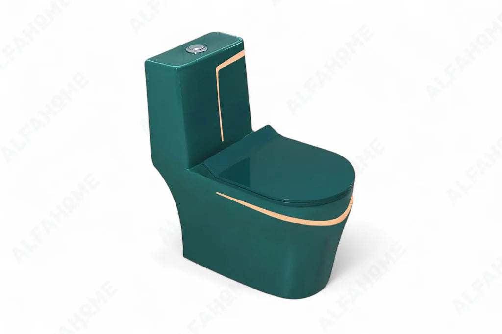 Alfa Premium One Piece Toilet Commode With Soft Closing Toilet Seat - S Trap Outlet (Green + Yellow) 1028