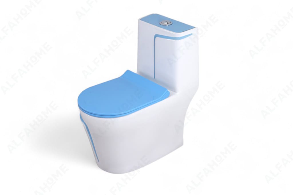 Alfa Premium One Piece Toilet Commode With Soft Closing Toilet Seat - S Trap Outlet (White & Blue Line) 1003