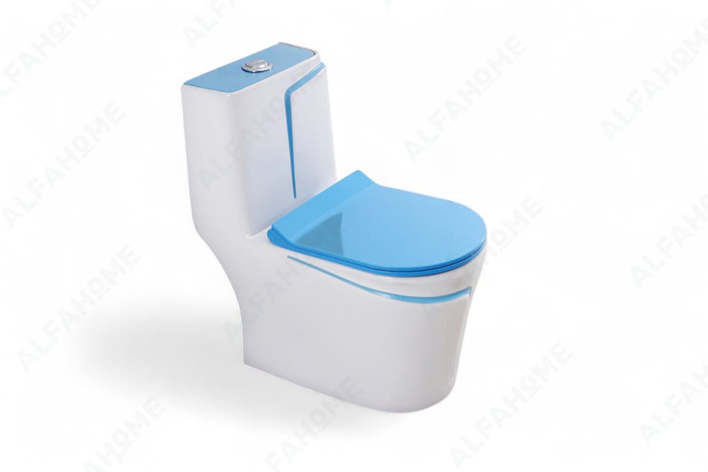Alfa Premium One Piece Toilet Commode With Soft Closing Toilet Seat - S Trap Outlet (White & Blue Line) 1003
