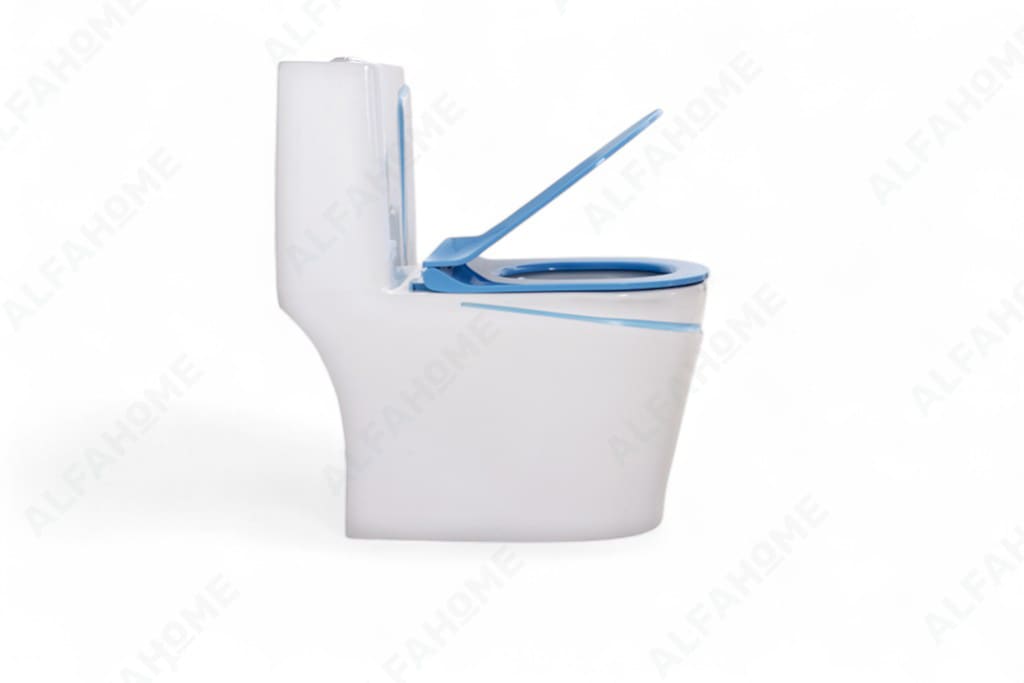 Alfa Premium One Piece Toilet Commode With Soft Closing Toilet Seat - S Trap Outlet (White & Blue Line) 1003