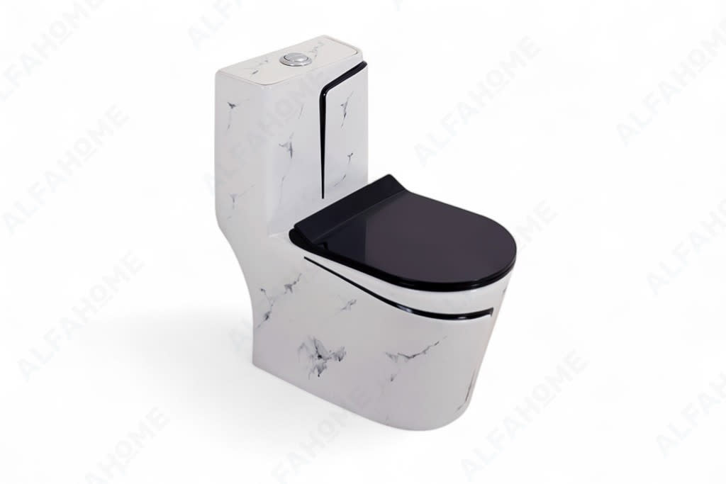 Alfa Premium One Piece Toilet Commode With Soft Closing Toilet Seat - S Trap Outlet (Black & White) 1007