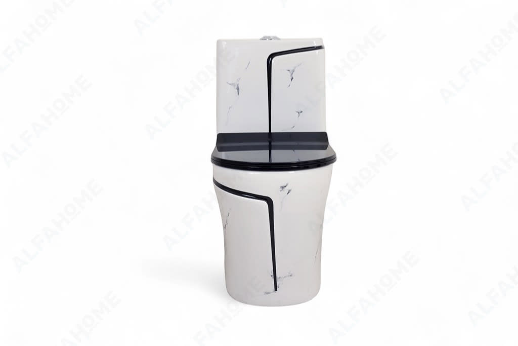 Alfa Premium One Piece Toilet Commode With Soft Closing Toilet Seat - S Trap Outlet (Black & White) 1007